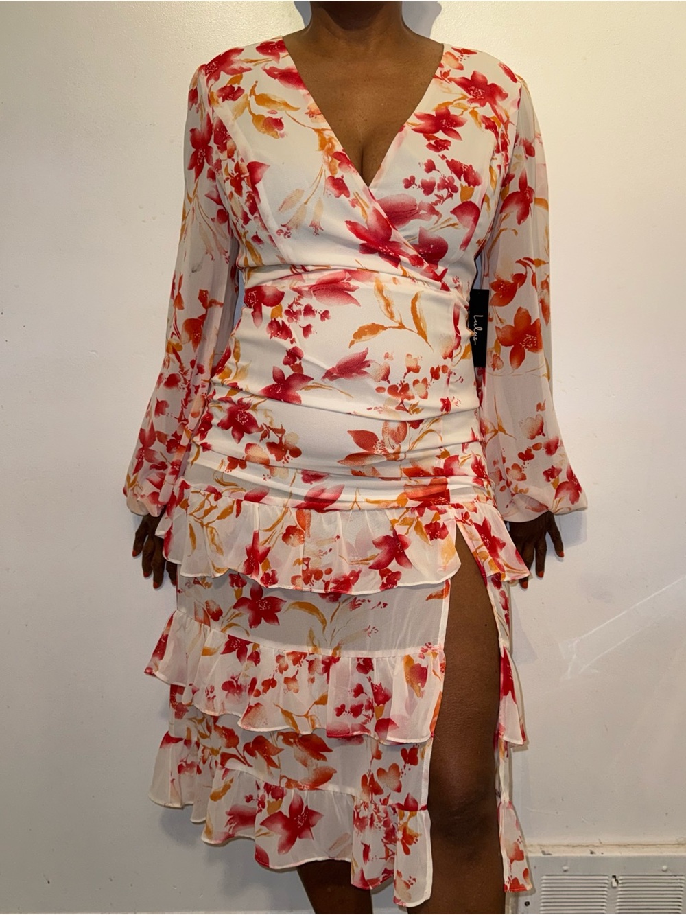 Lulu's White Midi Dress with Red & Orange Floral Print